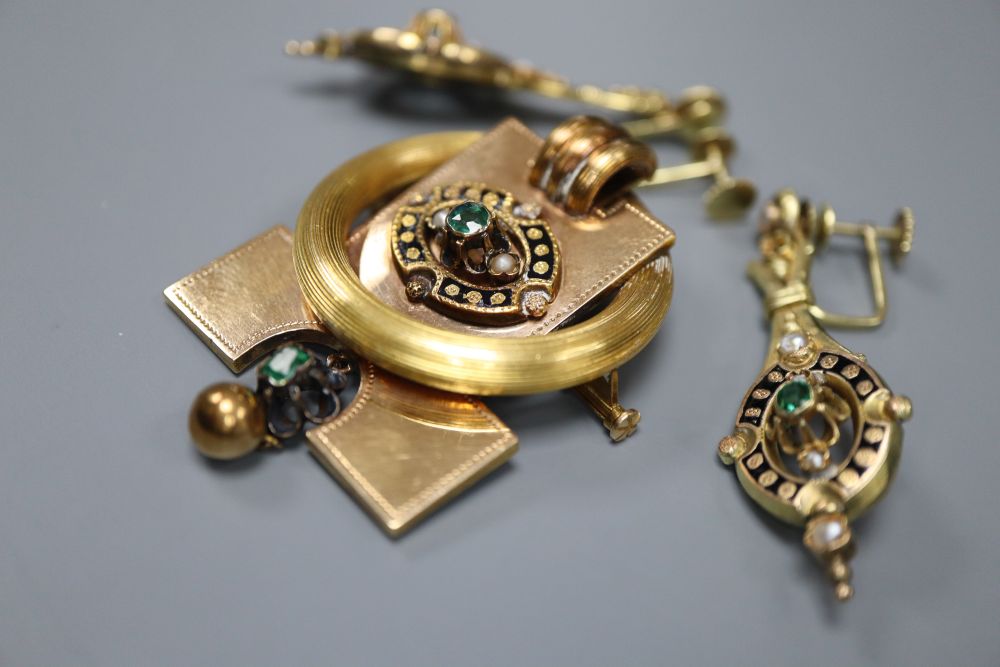 A Victorian yellow metal, black enamel, emerald and seed pearl set drop brooch and pair of matching ear clips,